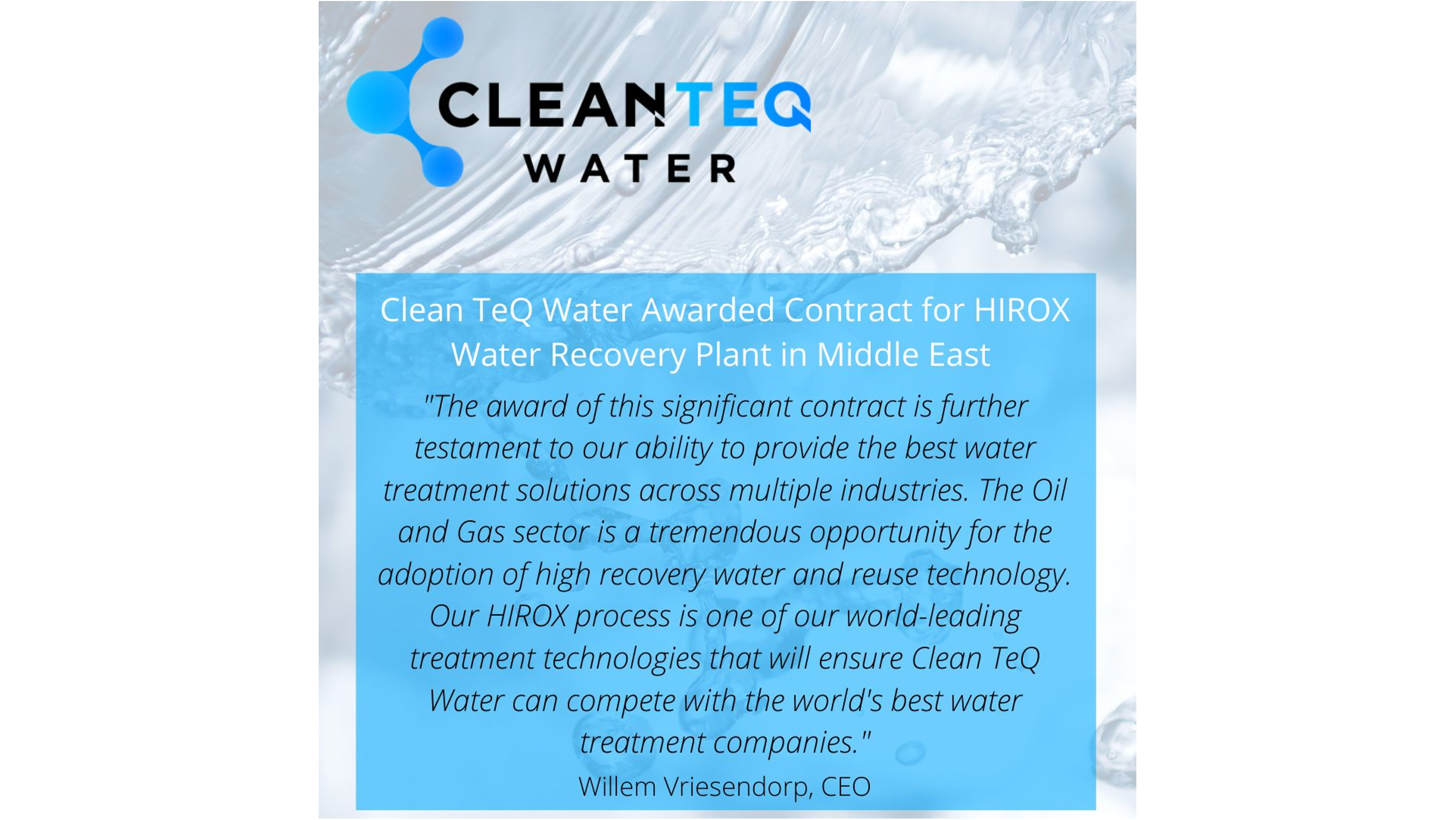 Clean TeQ Water Awarded Contract for HIROX Water Recovery Plant in Middle East