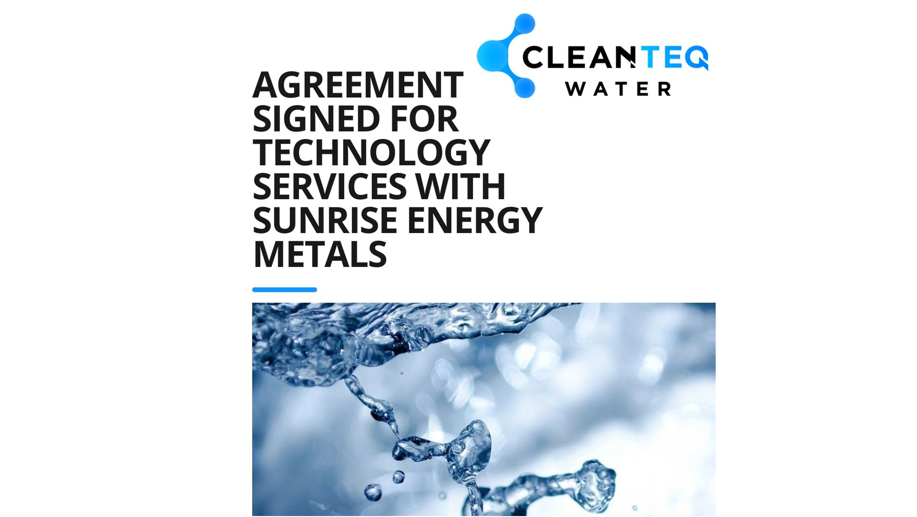 Clean TeQ Water Signs Agreement for Technology Services with Sunrise Energy Metals